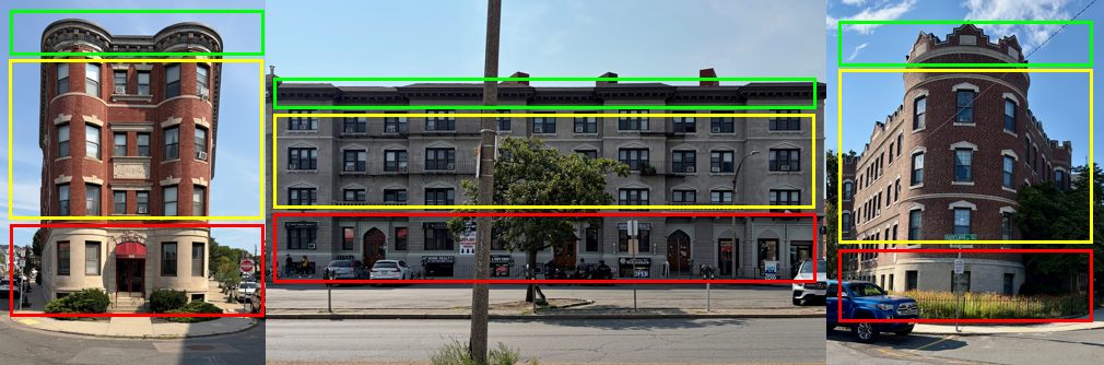 Three Allston buildings with their base, middle and crown outlined