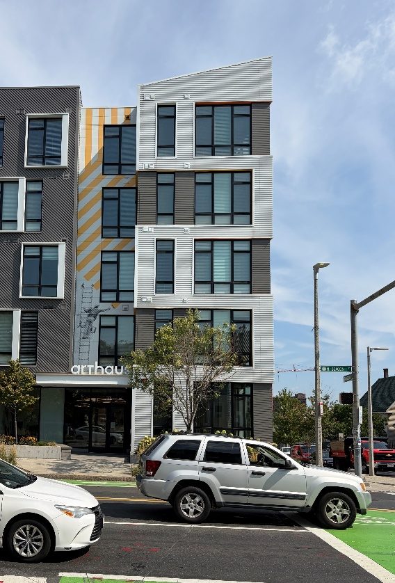 A recent asymmetrical apartment building in Allston