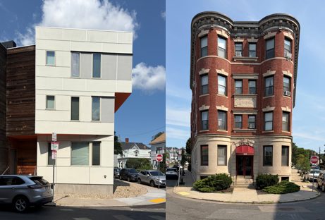 A modern building beside a traditional Allston building