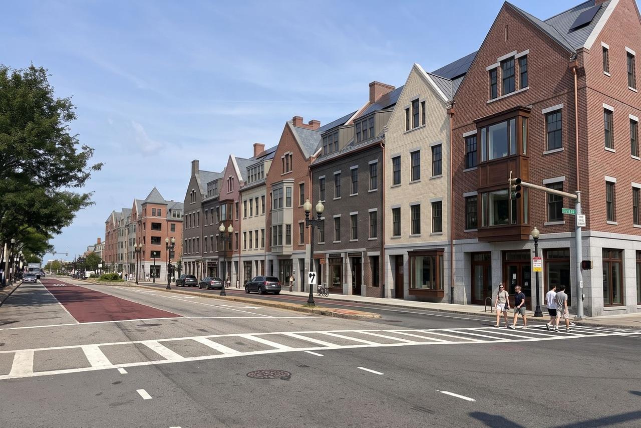 AI-generated concept for Brighton Avenue: Long repeated modules with varied roofs and bays; about 4–5 levels