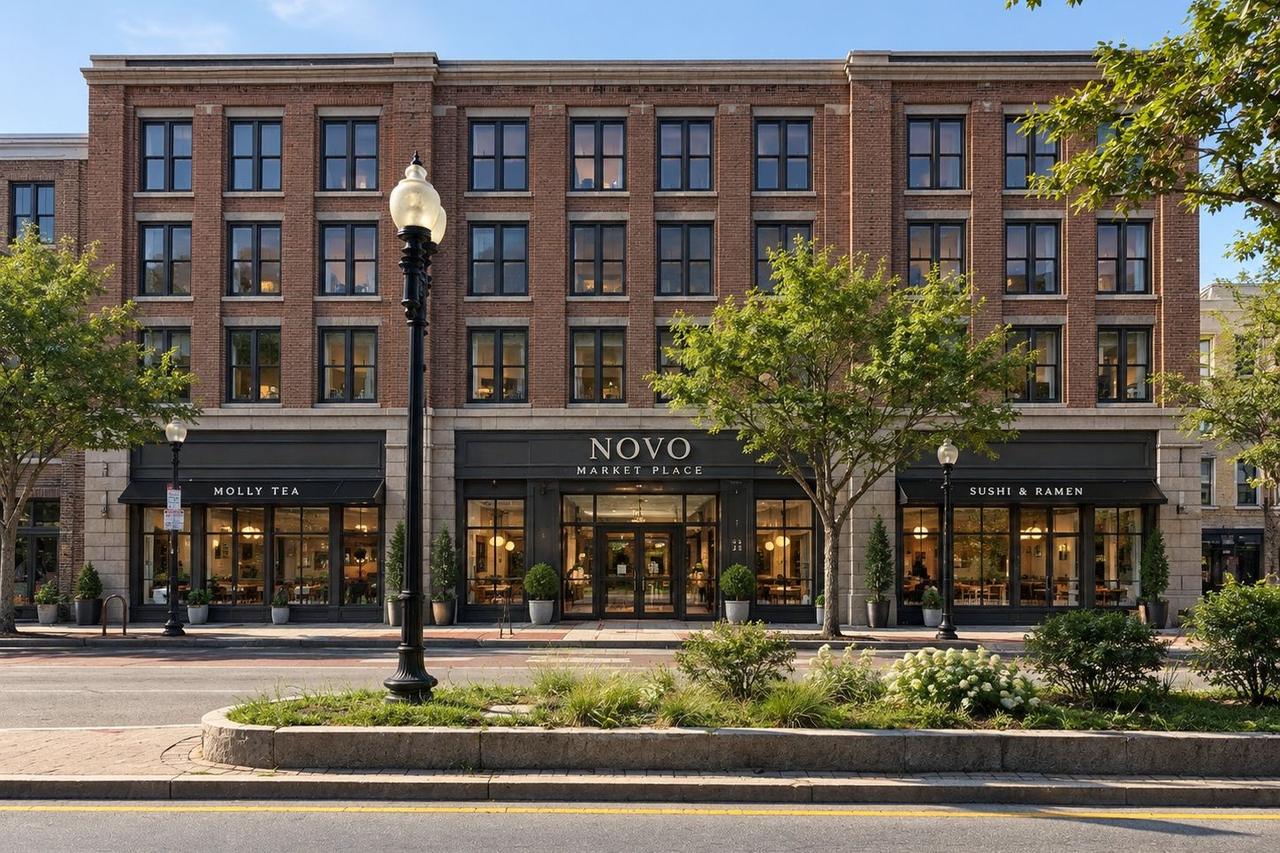 AI-generated concept of a four-story brick building with shops below and apartments above