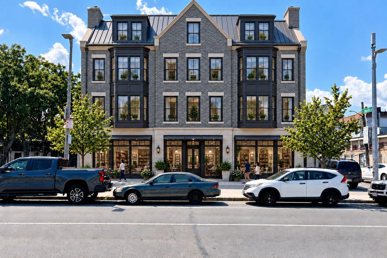 AI-generated concept for Brighton Avenue: Two deep bays and occupied-roof expression; about 4 levels