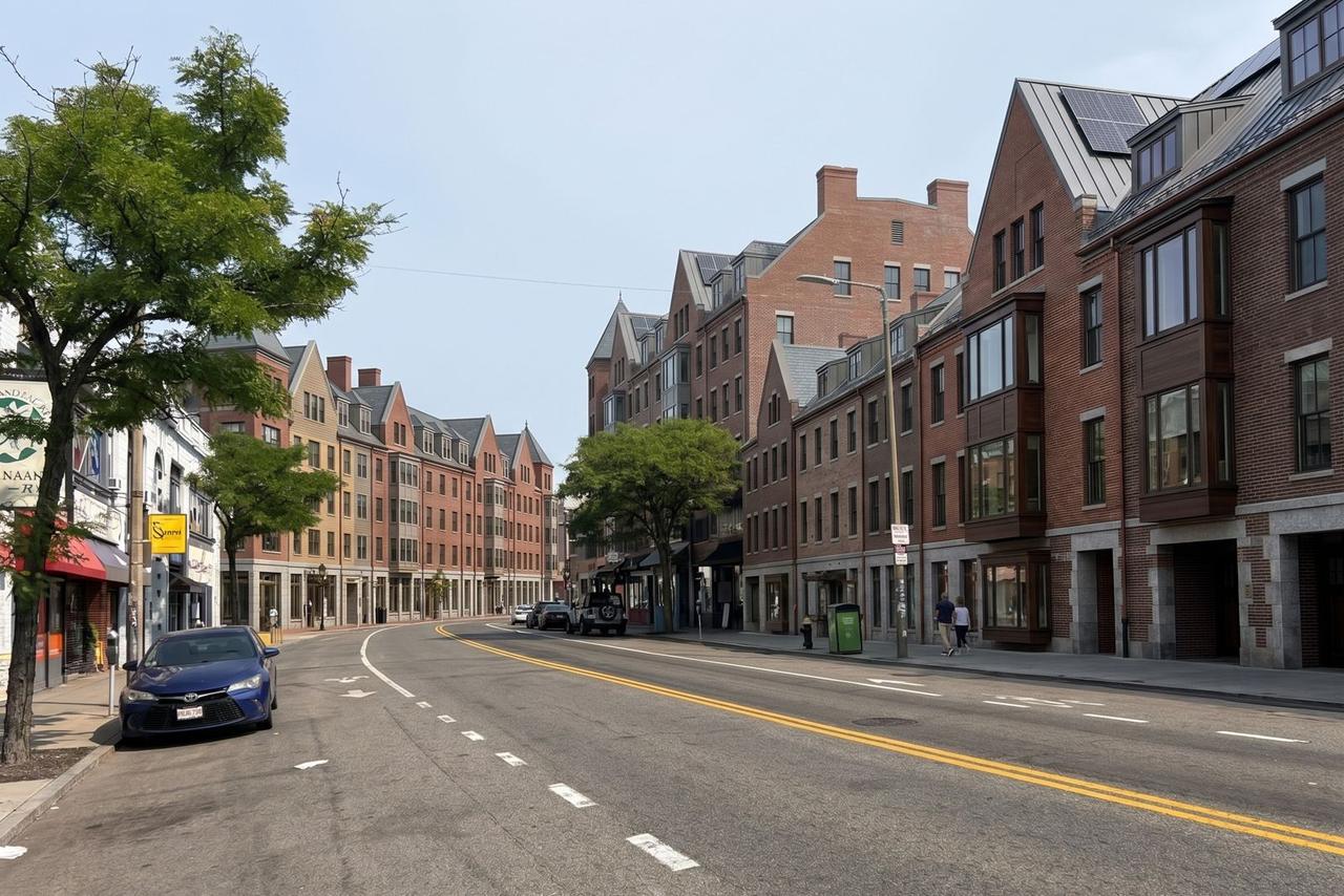 AI-generated concept for Harvard Avenue: Long brick blocks, bays, gables, dormers; about 4–6 levels
