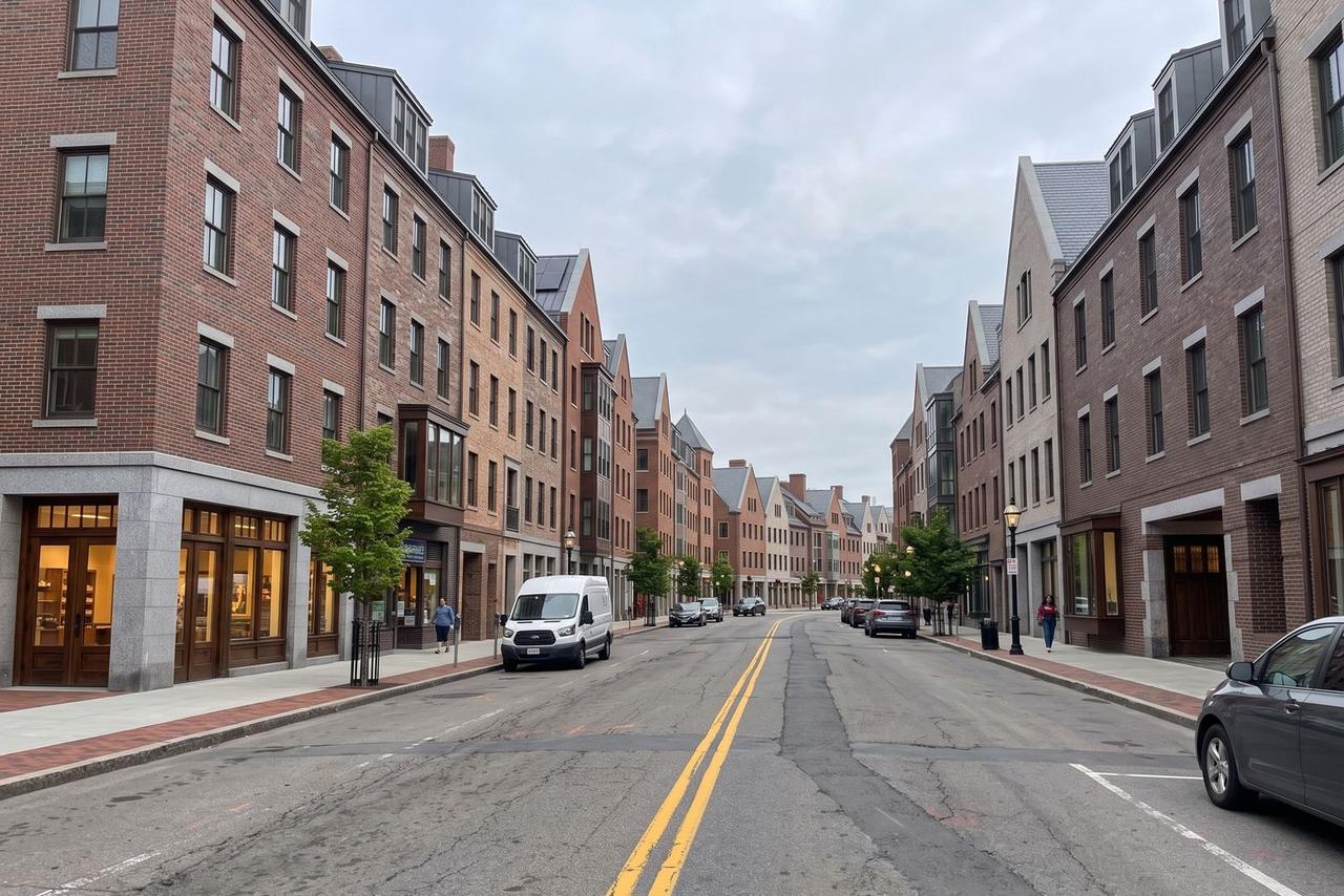 AI-generated concept for Harvard Avenue: Repetitive street walls, restrained bays and dormers; about 4–6 levels